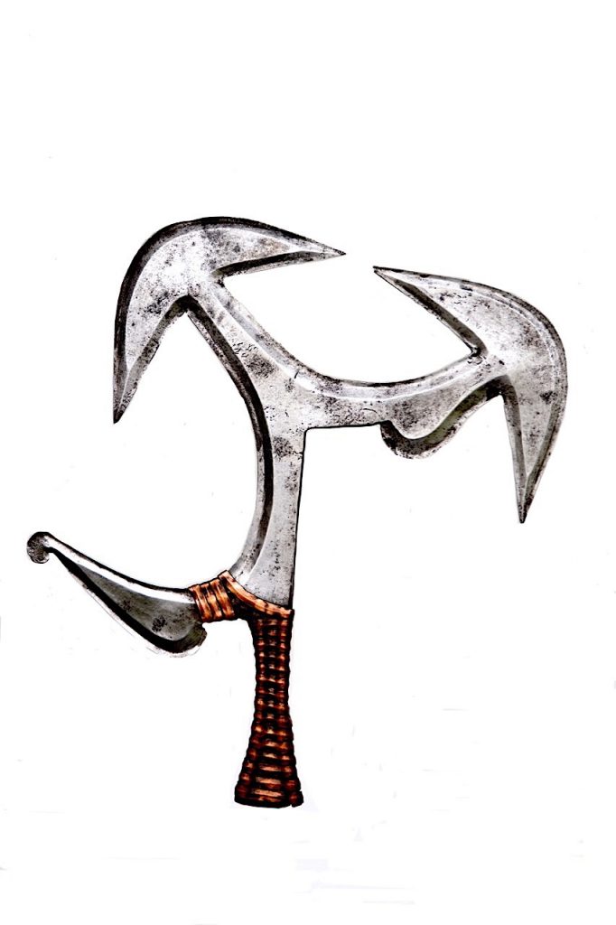 Détail d'un couteau de jet Mabo-Ngbaka-Mbati pour gaucher en fer forgé et cuivre | Ngbaka Mabo, Mbati, Bondjo : République Démocratique du Congo, Zaïre, République Centrafricaine